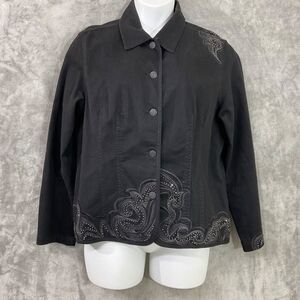 Chicos Jacket Womens XL Black Embellished Denim Beaded Embroidered Boho Western